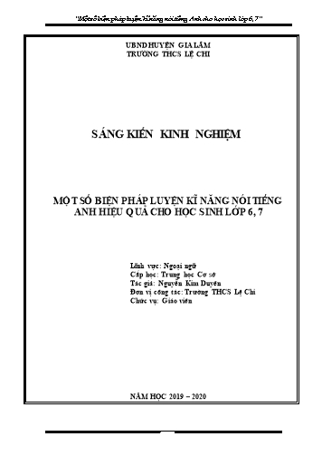 Sáng kiến kinh nghiệm Một số biện pháp luyện kĩ năng nói tiếng Anh hiệu quả cho học sinh Lớp 6, 7