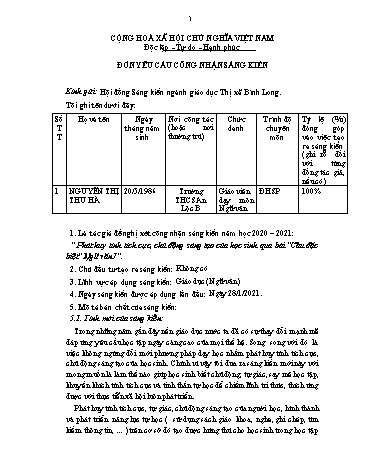 Sáng kiến kinh nghiệm Phát huy tính tích cực, chủ động sáng tạo của học sinh qua bài Câu đặc biệt Ngữ văn 7