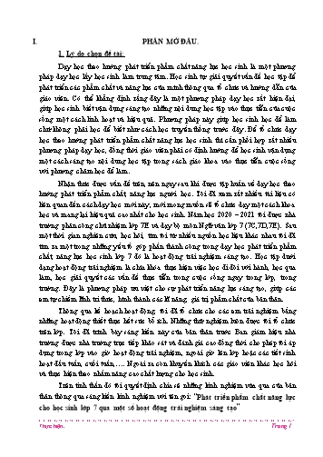 Sáng kiến kinh nghiệm Phát triển phẩm chất năng lực cho học sinh Lớp 7 qua một số hoạt động trải nghiệm sáng tạo