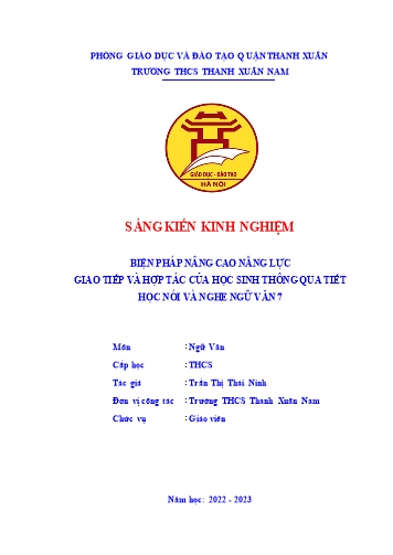 SKKN Biện pháp nâng cao năng lực giao tiếp và hợp tác của học sinh thông qua tiết học nói và nghe Ngữ văn 7