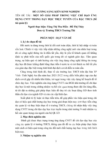 Đề cương SKKN Một số giải pháp trong việc chỉ đạo ứng dụng CNTT trong dạy học trực tuyến của bậc THCS