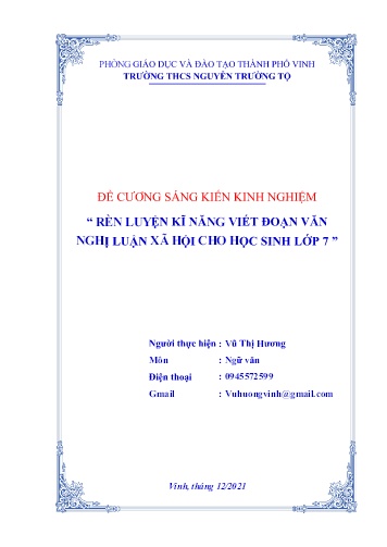 Đề cương SKKN Rèn luyện kĩ năng viết đoạn văn nghị luận xã hội cho học sinh Lớp 7